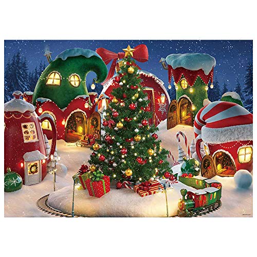 Product Cover Funnytree 7x5FT Cartoon Christmas Village Photography Backdrop Winter Snow Pine Tree Background Xmas Fairy Tale Animated Kid Party Photo Booth Banner Supplies