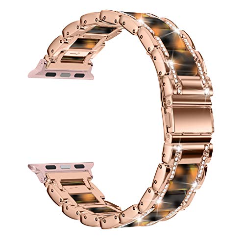 Product Cover Moolia Metal Strap Band Compatible with Apple Watch Band 38mm 40mm Women Men Rhinestones Resin Wristband Bracelet Replacement for iWatch Series 5 4 3 2 1 (Rose Gold + Tortoise, 38mm/40mm)