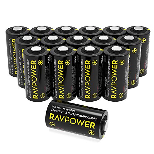 Product Cover CR123A 3V Lithium Battery RAVPower Non-Rechargeable Lithium Batteries, 16-Pack, 1500mAh Each, 10 Years of Shelf Life for Arlo Cameras, Polaroid, Flashlight, Microphones [CAN NOT BE RECHARGED]