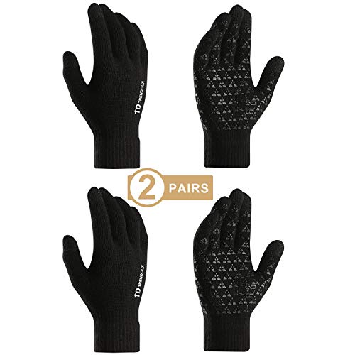 Product Cover TRENDOUX Winter Gloves, Mens Womens Touchscreen Knit Gloves - Hands Warm in Cold Weather - Thermal Liners - Anti-Slip Grip - Elastic Cuff - Riding Driving Texting Cycling - Two Pairs Black - L