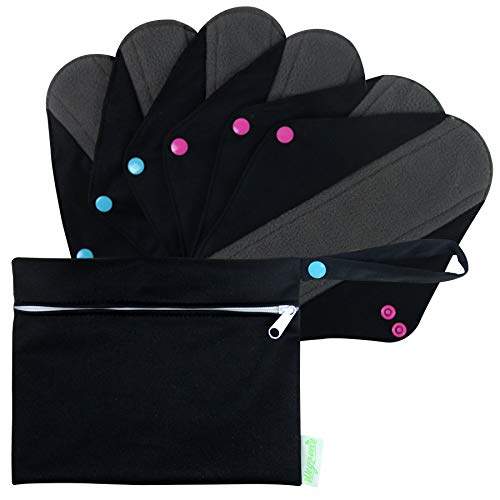 Product Cover Wegreeco Bamboo Reusable Sanitary Pads (New Pattern) - Cloth Sanitary Pads | Bladder Support & Incontinence Pads | Reusable Menstrual Pads - 6 Pack Pads, 1 Cloth Mini Wet Bag Bonus (Large, Black)