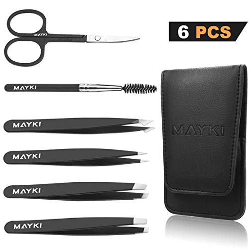 Product Cover Eyebrow Tweezers Set 6 PCS, Professional Stainless Steel Eyebrow Tweezers Kit for Women/Men, Great Precision Tweezers Set for Eyebrow/Facial Hair Removal/Ingrown Hairs/Splinter/Tick Remover by MAYKI
