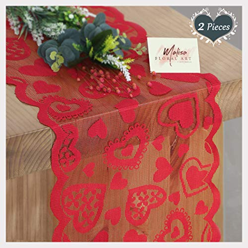 Product Cover SoarDream Red Heart Table Runners Valentine's Day Decoration 2 Pieces 14x72 Inches Party Table Lace Fabric Love Heart Shaped Tablecloth Covers Polyester
