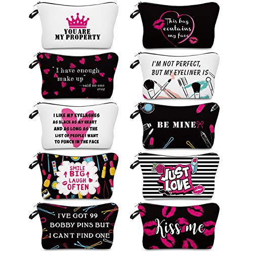 Product Cover 10 Pieces Letters Makeup Bags Cosmetic Pouch Travel Zipper Cosmetic Organizer Toiletry Bag Printing Pencil Bag for Women Girls Supplies Valentine's Day Gift (Black and Hot Pink Style)