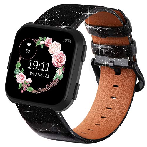 Product Cover Surace Compatible for Fitbit Versa Bands for Women Sparkly 3D Glitter Bling Leather Band Replacement for Fitbit Versa 2 Bands Compatible with Fitbit Versa Lite Smart Watch, Black