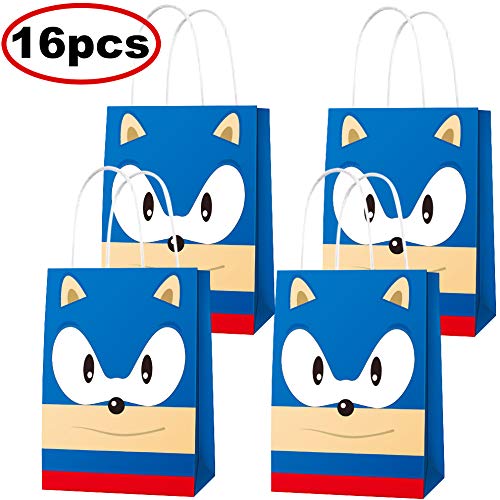 Product Cover 16 PCS Sonic Inspired Party Paper Bags for Sonic The Hedgehog Birthday Party Supplies Favor Goody Candy Bags Treat Bags for Kids Adults Birthday Party Decoration