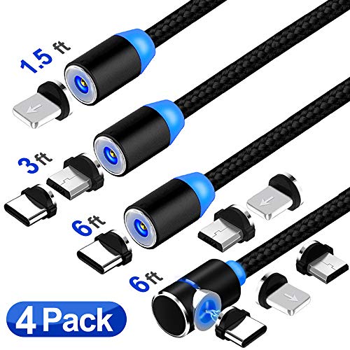 Product Cover Magnetic Charging Cable, 3 in 1 Cable(4Pack，9 Adapter 1.5/3/6ft Straight Cable, 6ft L Shape Cable) Black