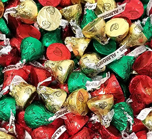 Product Cover Hershey Kisses Christmas Foil Red Green Gold, Hershey's Kisses Milk Chocolate With Almonds 5 pounds