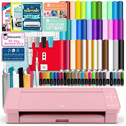 Product Cover Silhouette Pink Cameo 4 Starter Bundle with 38 Oracal Vinyl Sheets, T-Shirt Vinyl, Transfer Paper, Class, Guides and 24 Sketch Pens