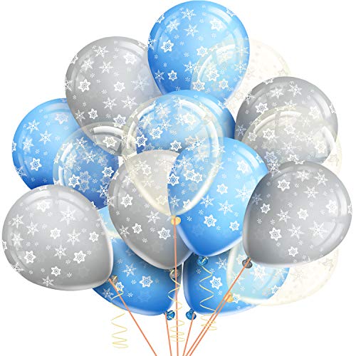 Product Cover 75 Pieces Winter Snowflakes Balloons Christmas Latex Balloons Clear Silver and Blue Balloons for Christmas Birthday Wedding Party Decorations