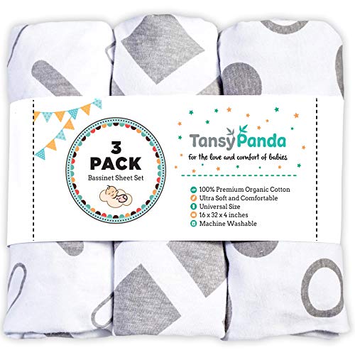 Product Cover TANSY PANDA Bassinet Fitted Sheet Set Pack of 3-100% Jersey Cotton 160GSM Ultra Soft, Breathable, and Universal Fit Bassinet Sheets for Baby Boy and Girl, White and Grey
