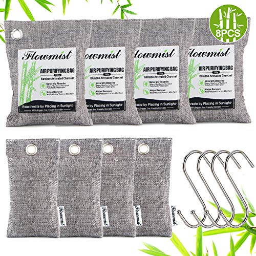 Product Cover Air Purifying Bags 8 Pack (200g x 4,50g x 4) & 4 Hooks,Activated Bamboo Charcoal Purifer Odor Absorber,Natural Air Freshener Moisture Eliminator Deodorizer for Home,Car,Pets,Closet,Shoes,Gym Bag