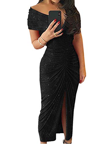 Product Cover Ouregrace Womens Off Shoulder Sequin Sparkle Ruched Front Slit Bodycon Dress Evening Party Cocktail Gown S-XL (Black, (US 8-10) M)