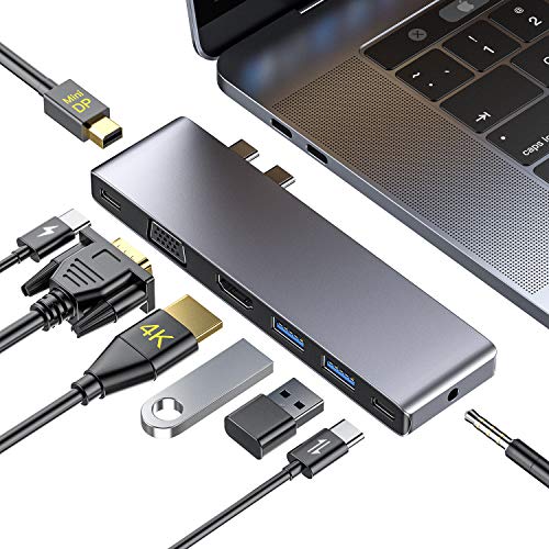 Product Cover USB C Hub,8 in 1 Triple Display Type C Adapter Docking Station with 4K HDMI,1080P VGA,Mini DP,87W PD,USB-C Data,2 USB 3.0,3.5mm Audio,Compatible with MacBook Pro 2019/2018-2016,MacBook Air 2019/2018