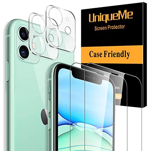 Product Cover [ 4 Pack] UniqueMe 2 Pack Tempered Glass Screen Protector +2 Pack Tempered Glass Camera Lens Protector for Apple iPhone 11 (6.1 inch)
