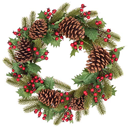 Product Cover Lvydec 18 Inch Christmas Wreath - Artificial Spruce Wreath with Red Berries and Pine Cones for Christmas Front Door Window Fireplace Decoration