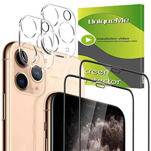 Product Cover [4 Pack] UniqueMe 2 Pack Camera Lens Protector for iPhone 11 Pro Max + 2 Pack Screen Protector for iPhone 11 Pro Max Full Coverage Tempered Glass [New Version] Add Cameras Flash Circle