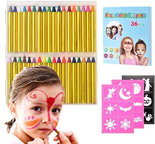 Product Cover 36pcs Face Painting Crayons for Kids and Adults Party Cosplay - Professtional Non-Toxic and Safe for Face & Body Painting with 6 Fluorescent, 6 Metallic, 24 Classic Colors &18 Reusable Stencils