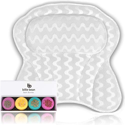 Product Cover BILLIE BEAN Luxury Bath Pillow for Bathtub - 4 Bath Fizzies Included - We Provide Bath Pillows for Tub Neck and Back Support - A Relaxing Bathtub Pillow - Billie Bean Bath Accessories - Our Spa Pillow