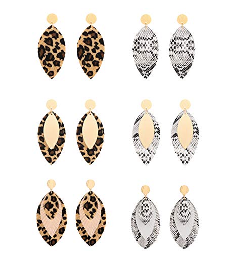 Product Cover Leather Earrings For Woman Lightweight Leopard Snakeskin Leaf Earrings Handmade Boho Metallic Layered Drop Dangle Earrings 6pair