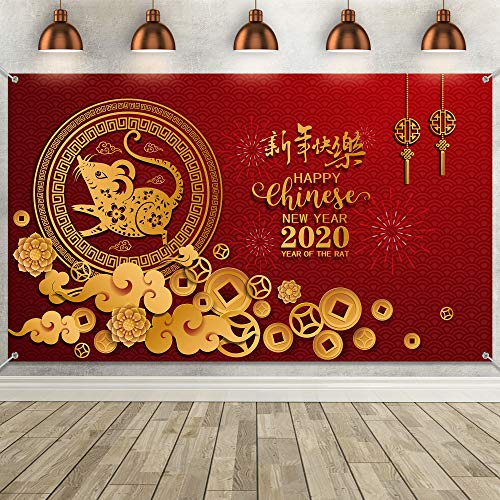 Product Cover Chinese New Year Decoration Supplies, Large Fabric Happy New Year Backdrop for Spring Festival Party Holiday Eve Celebration Happy New Year 2020 Year of The Rat Photo Booth Background Banner