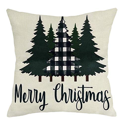 Product Cover MENOLY Merry Christmas Pillow Cover 18 x 18 Inch Christmas Pillow Cover Buffalo Plaid Christmas Trees Pillow Cover Cotton Linen Throw Pillow Cover for Home Decor Winter Holiday Christmas Decorations