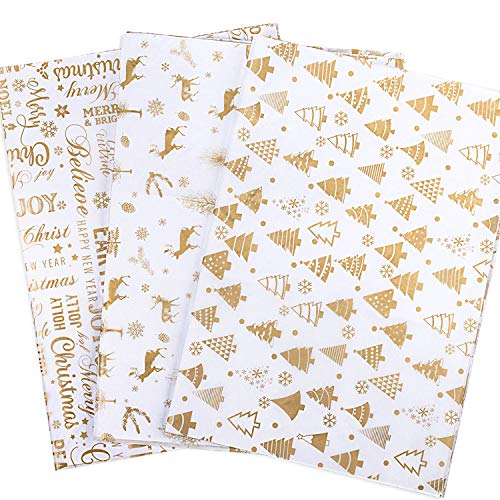 Product Cover Whaline Christmas Gold Gift Tissue Wrap Paper Set, 120 Sheets Xmas Tree, Reindeer, Snowflake Design for Holiday Wrapping Paper DIY and Craft, 14