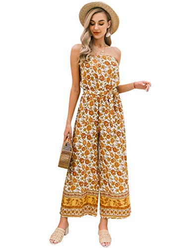 Product Cover BerryGo Women's Wide Leg Off Shoulder Jumpsuit Strapless Floral Long Romper Jumpsuit Yellow-M