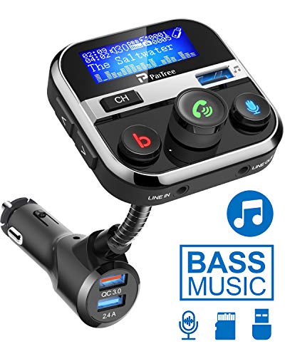 Product Cover Bluetooth FM Transmitter for Car, PaiTree Car Adapter with Super Bass Stereo Sound, QC3.0 Fast Charger 5.0 Bluetooth Receiver Wireless Radio Music Player Car Kit Hands-Free Calls Siri Assistant