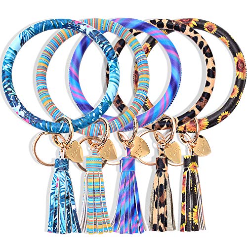 Product Cover YAMILUCK Leather Wristlet Keychain Bracelet Bangle Heart-Shaped Key Ring Large Circle Tassel Key Chain Bracelet Holder for Women Girls 5PCS (PU-01)