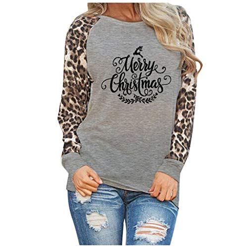 Product Cover Buzzbi Christmas Womens Leopard Blouse Long Sleeve Fashion Ladies T-Shirt Oversize Tops (XXXL, Gray)