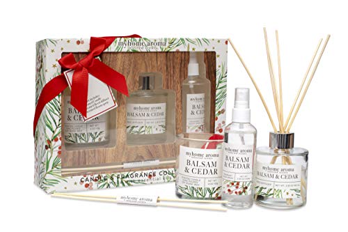 Product Cover myhome aroma Candle & Fragrance Collection Gift Box Include Oil Reed Diffuser Scented Candle & Perfume Room Spray Balsam & Cedar Best Gift Set