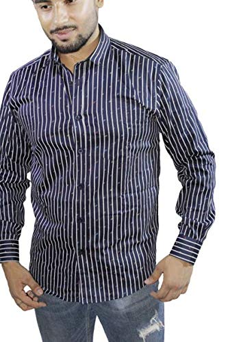 Product Cover Spanish One Look Mens Long Sleeve 100% Cotton Regular Fit Button Down Casual Shirts Dress Shirt for Men (Blue Stripped, Medium)