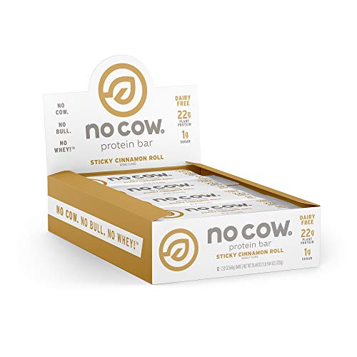 Product Cover No Cow Protein Bar, Sticky Cinnamon Roll, 22g Plant Based Protein, Keto Friendly, Low Sugar, Dairy Free, Gluten Free, Vegan, High Fiber, Non-GMO, 12Count