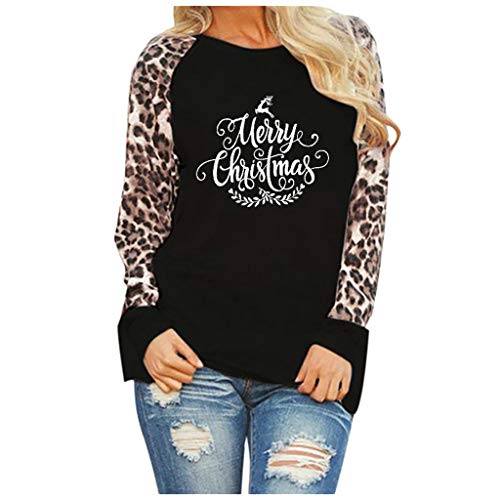 Product Cover Buzzbi Christmas Womens Leopard Blouse Long Sleeve Fashion Ladies T-Shirt Oversize Tops (XL, Black)