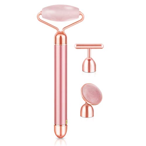 Product Cover 3-In-1 Electric Jade Roller Facial Massager, VICOODA Rose Quartz Vibrating Facial Roller Kit for Face, Eye, Neck, Anti-Aging Face Massager for Anti-Wrinkles, Skin Firming and Lifting