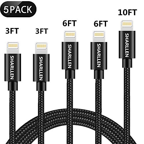 Product Cover SHARLLEN Durable iPhone Charger Cable, 5 Pack 3FT/6FT/10FT Nylon Braided USB Fast Long Cords Lightning Cable iPhone Chaging Cable Compatible iPhone 11/XS/Max/X/XR/8/7/6s/6/5/iPad/iPod Black