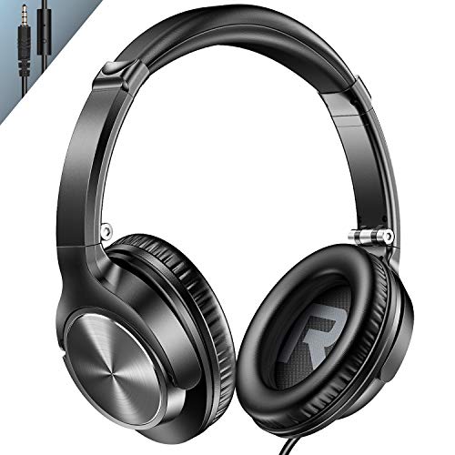 Product Cover Vogek Over Ear Headphones with Mic, Lightweight Portable Foldable Stereo Bass Wired Headphones with 1.5M Tangel Free Cord and Microphone for Cellphone Tablet Laptop Computer- Black