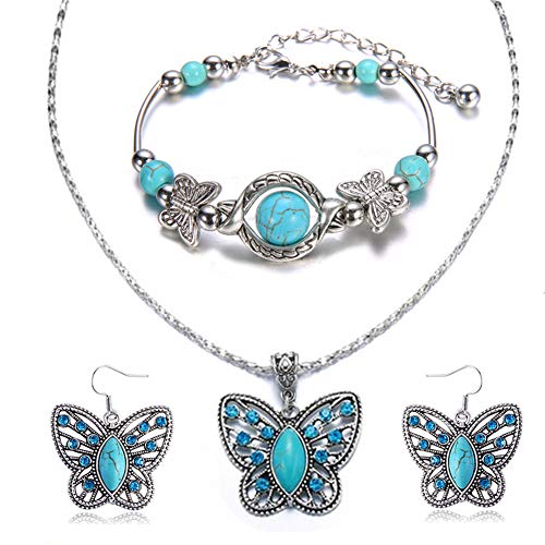 Product Cover Cocazyw Silver Butterfly Turquoise Bracelet and Earrings for Women Girl Retro Charm Gemstone Jewelry Set Pendant Necklace and Drop Earrings for Women Girl