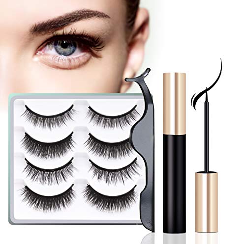Product Cover 4 Pairs Magnetic Eyelashes with Eyeliner, Magnetic Eyeliner and Magnetic Eyelash Kit, Natural Look False Eyelashes, Extra Strength Magnetic Eyeliner, easy to wear and Reusable