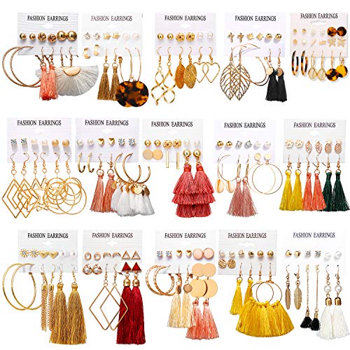 Product Cover 93 Pairs Colorful Earrings with Tassel Earrings Layered Ball Dangle Hoop Stud Jacket Earrings for Women Girls Jewelry Fashion and Valentine Birthday Party Gift