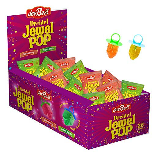 Product Cover Dee Best Dreidel Jewel Pop Ring Shape Candy - Assorted Flavors Green Apple and Strawberry - 36 Count Individually Wrapped