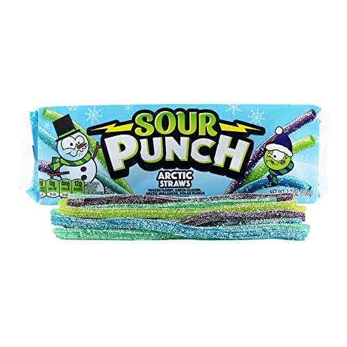 Product Cover Sour Punch Arctic Straws Holiday Stocking Stuffer, Sweet and Sour Flavor Chewy Candy with 4 Arctic Flavors: Frozen Flurry, Arctic Avalanche, Green Glacier, and Polar Plunge, 3.7oz Trays (Pack of 12)