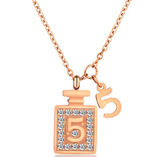 Product Cover Rose Gold Necklace for Women - Lucky Initial Number 5 Titanium Steel Charm, Tone Meaningful Pendant Necklace to Express Love Jewelry Gift