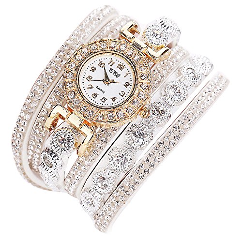 Product Cover MEIHUALU Women Fashion Casual Analog Quartz Women Rhinestone Watch Bracelet Watch (White)