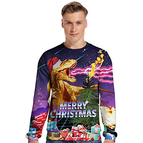 Product Cover Men's 3D Ugly Christmas Sweater Dragon Humor Novelty Cool Xmas Pullover Sweatshirt for Holiday Party(Purple,XL)