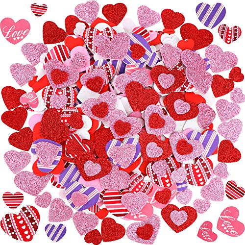 Product Cover 640 Pieces Heart Shape Stickers Set Includes Glitter Heart Shape Foam Stickers Floral Print Foam Heart Stickers Colorful Self-Adhesive Heart Stickers for Valentine's Day Wedding Supplies