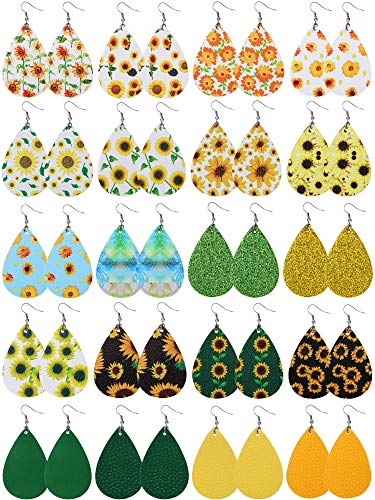 Product Cover 20 Pairs Sunflower Printed Faux Leather Earrings Glitter Leaf Earrings Lightweight Teardrop Dangle Earrings