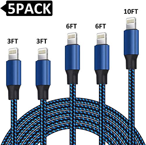 Product Cover OUMONG 5-Pack (3/3/6/6/10FT) iPhone Charger MFi Certified Lightning Cable Nylon Woven with Metal Connector Compatible iPhoneXsMAX/XR/X/8P/7P/6SP/iPad Pro/Mini & More(Blue)