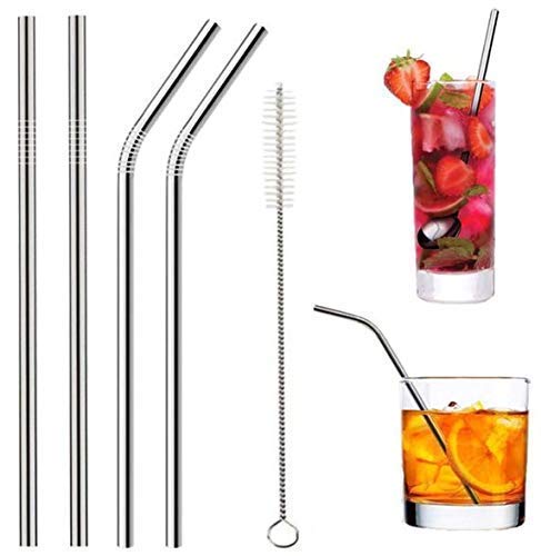 Product Cover Diniva Reusable Stainless Steel Drinking Straws, Safe & Hygenic (2 Bend & 2 Straight Straws, 1 Cleaning Brush)- Silver